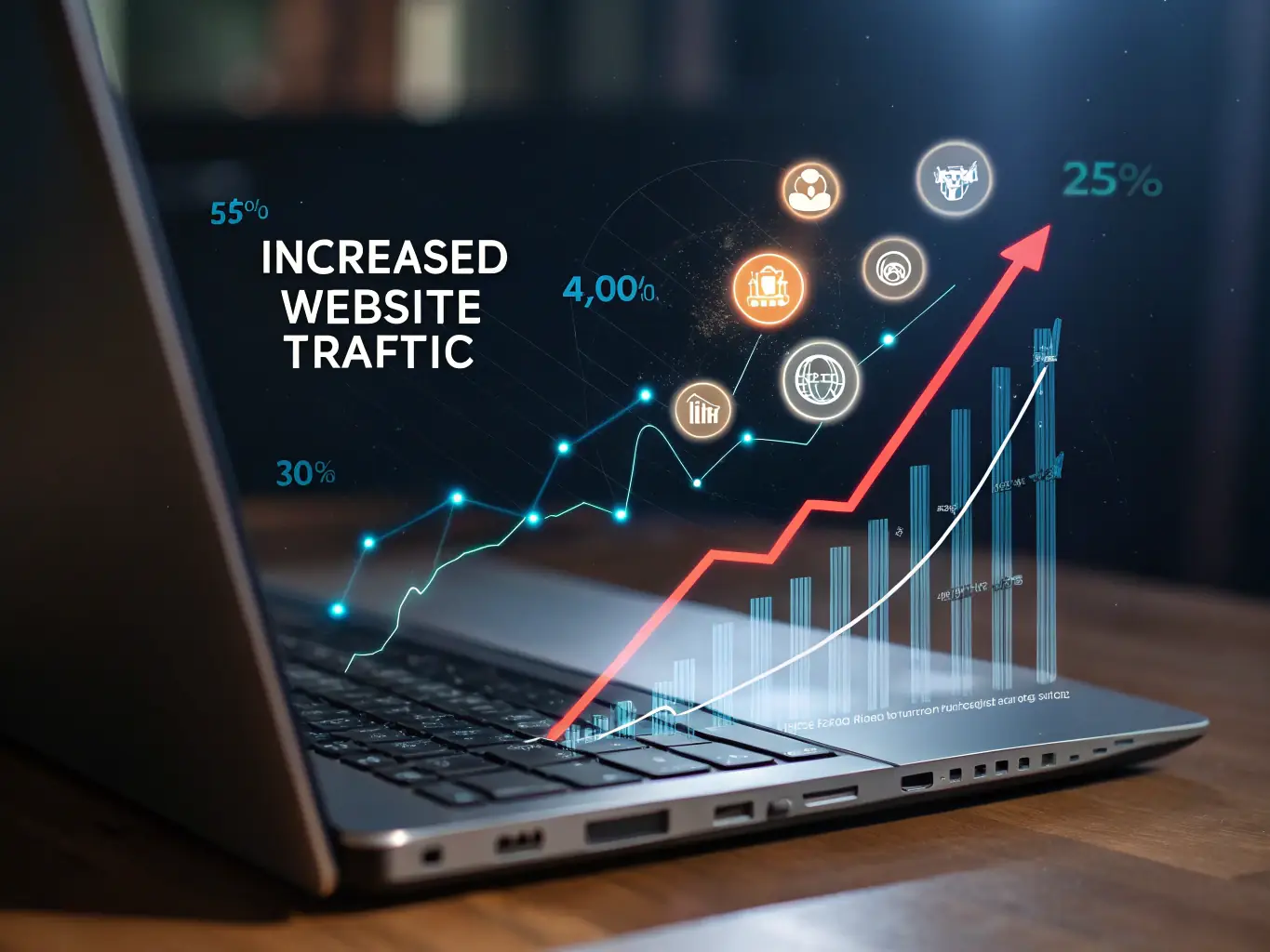 An upward trending graph overlaid on a search engine results page, symbolizing improved rankings and increased organic traffic through Orbit ONE's SEO services.